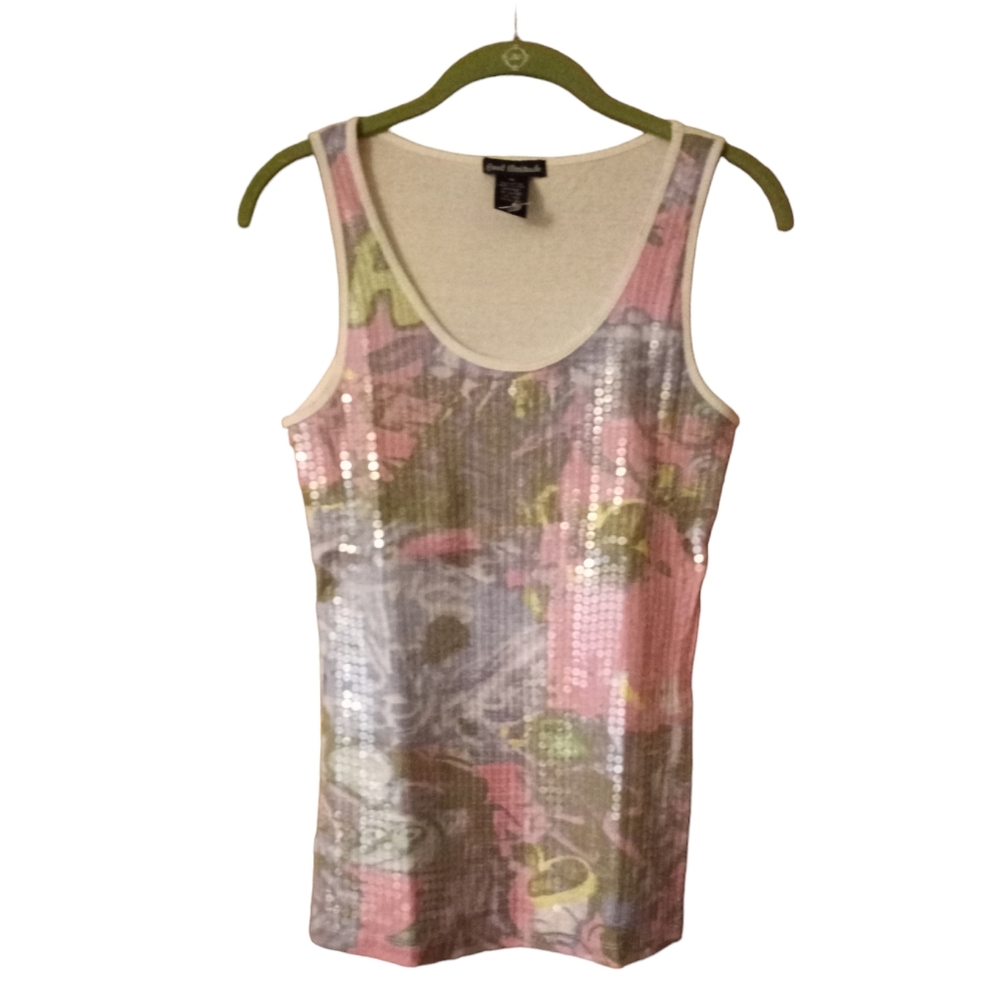 Cool Attitude Tank XL Cotton Pink Multi Sequin Front Floral Design Ribbed